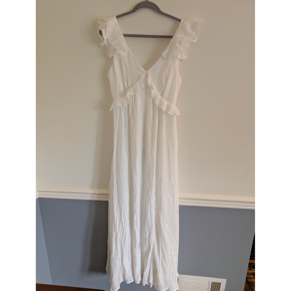 Audrey Parks Francesca's White Ruffle Flutter Open Back Maxi Dress Large NWT